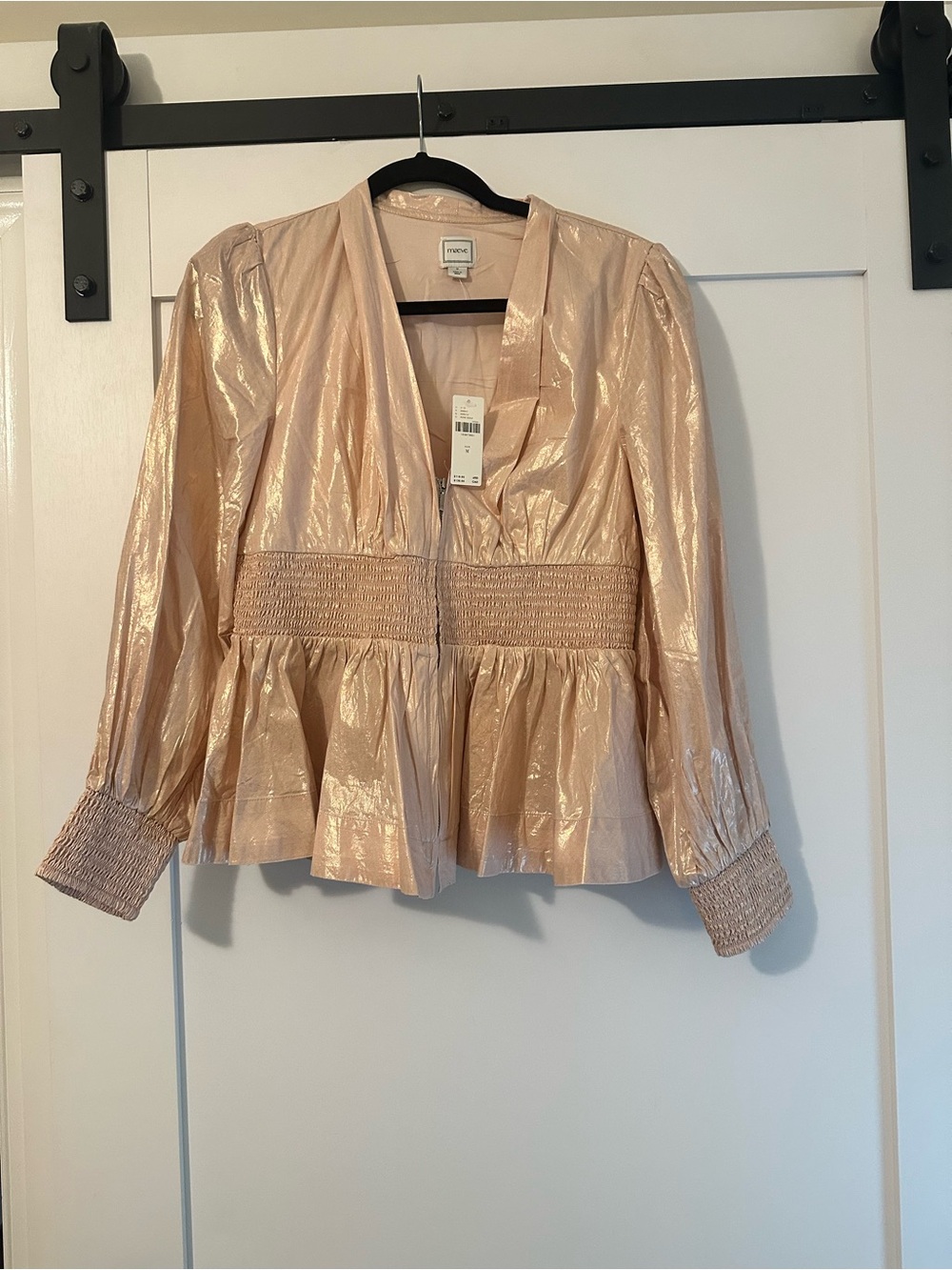 Anthropologie Maeve Rosegold metallic peplum zipper top